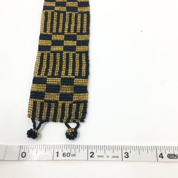 Art Deco Inspired Gold Black Wide Loom Woven Seed Bead Cuff Bracelet - Picture 16 of 16